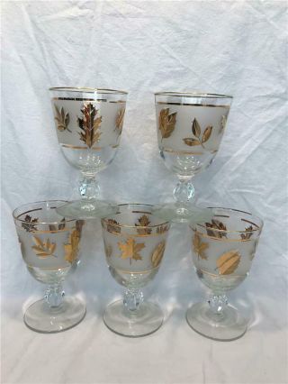 Set Of 5 Vintage Libby Frosted Gold Leaf Goblets/water Glasses