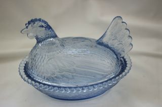 Vintage 2 Piece Indiana Blue Clear Glass Hen In Nest