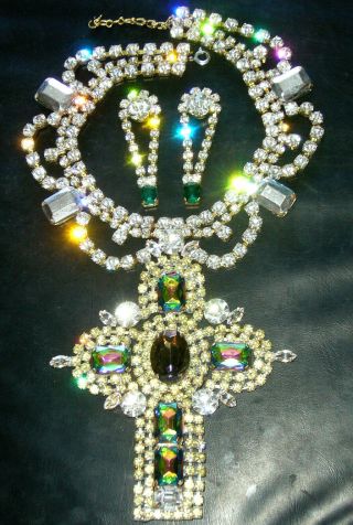 1960s Cross Omg Necklace Set Bib Vintage Glass Signed Bijoux Mg F37