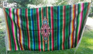 Vtg Mexican Southwestern Fringe Woven Saltillo Serape Multi - Color Blanket Rug