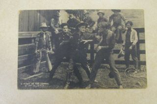 C88 Vintage Postcard Old West Western Cowboys Fist Fight In Corral Artist Signed