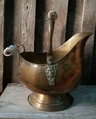 Vintage Fireplace Coal Ash Skuttle Bucket Brass 2 Porcelain Grips Lion Heads
