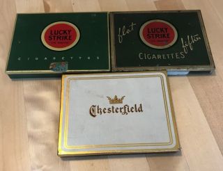 3 Vintage Cigarettes Metal Case Container Tins Lucky Strike Chesterfield Tobacco
