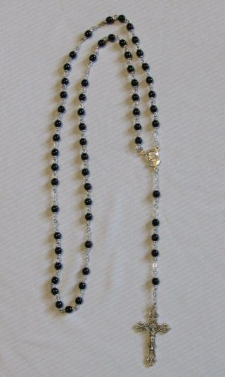 Chapel Rosary Vintage Silver Crucifix Made In Italy Round Black Glass Beads