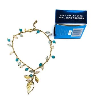 Vintage Avon Gold - Tone Boho Leaf Anklet With Teal Bead Accents