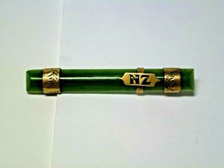 Antique Art Deco Zealand Nz Jade And 9 Carat Gold Bar Pin