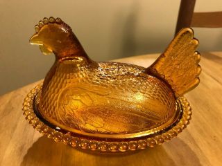 Vintage Amber Indiana Glass Hen On Nest Chicken Candy Dish Lid Golden Carnival