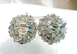 Vintage Earrings Aurora Borealis Cut Crystal Ball Clusters St Filigree