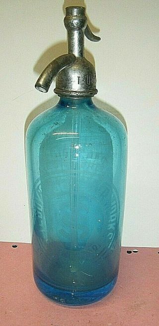 Vintage Blue Glass Seltzer Bottle Ozone Park York