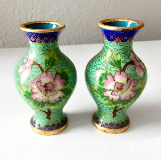 2 Vintage Chinese Cloisonne Mini Colorful Floral Vases