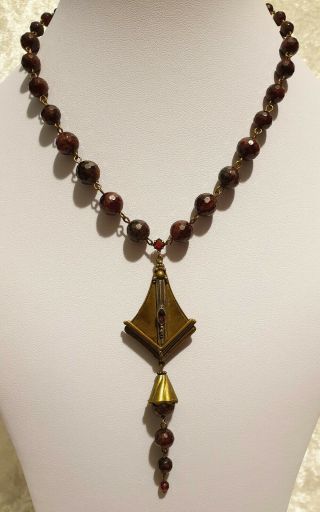Vintage Art Deco Faceted Czech Bohemian Garnet Beaded Necklace - Stamped 2