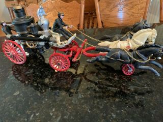 Vintage Fire Engine Water Wagon 3 Horse Drawn Cast Iron Fire Water Pumper Wagon