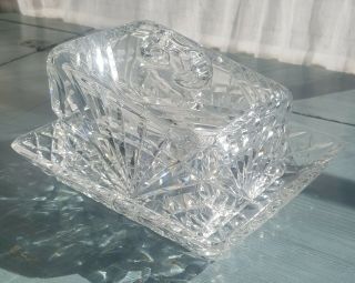 Wow Heavy Crystal Glass Cheese Wedge Starburst Vintage Cover Dish & Tray