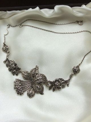 Lovely Vintage Solid Silver Large Art Deco Necklace With Marcasite Gemstones