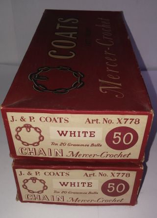 2 Vintage boxes J & P COATS MERCER CROCHET X778 WHITE 19 balls 20 grammes each 7