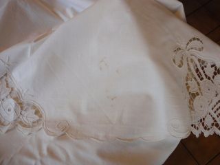 Vintage 1940 ' s Full Size Muslin Flat Sheet with Cut Work Edge 5