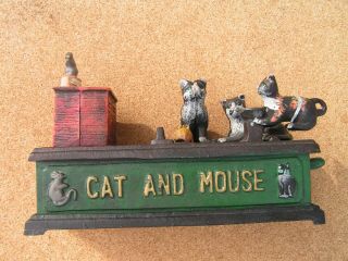 Vintage Cat And Mouse Mechanical Cast Iron Coin Bank