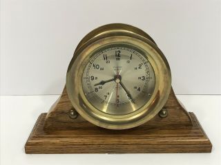 Vintage Nautical Style Brass & Wood Desk Mantel Clock Battery Operated