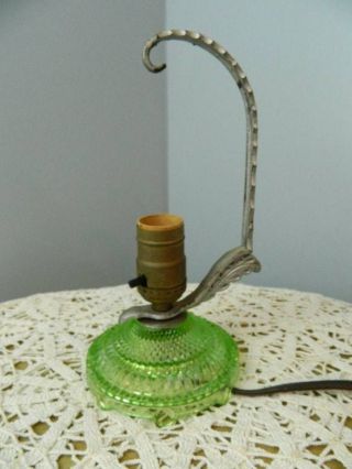 Vtg Green Depression Glass Art Deco Metal Arm Table Lamp Light