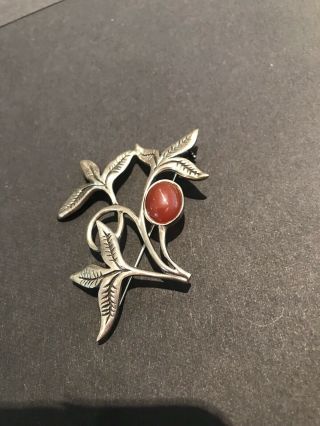 Sterling Silver Brooch Set With Carnelian Stone Hallmarked Vintage