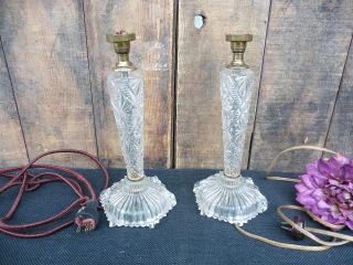 Vintage Set Of 2 Glass Table Lamps Hollywood Regency Old Etched Faceted Cut