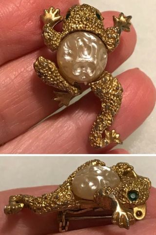 Vintage Gold Tone Frog Brooch Pin Faux Baroque Pearl Jelly Belly Rhinestone Eyes