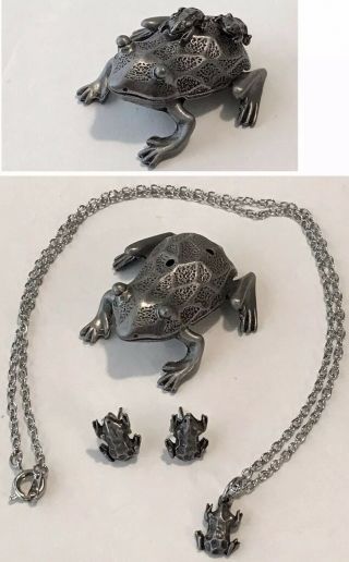 Vintage Torino Pewter Frog 3pc Girl’s Jewelry Set Trinket Box Earrings Pendant