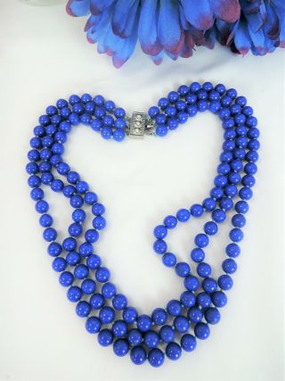Heavy Vintage Triple Strand Silk Hand Knotted Blue Stone Glass Necklace Estate