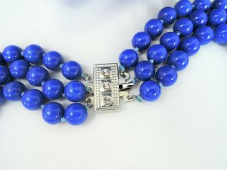 HEAVY VINTAGE TRIPLE STRAND SILK HAND KNOTTED BLUE STONE GLASS NECKLACE ESTATE 2