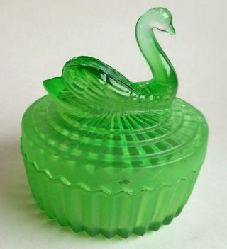 Vintage Jeanette Glass Green Swan Powder Jar Lipstick Holder Dish