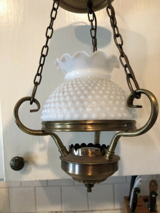 Hobnail Milk Glass Shade Brass Ceiling Hanging Light Fixture Vintage