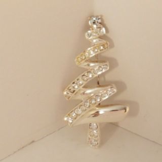 Vintage Monet Christmas Tree Brooch Rhinestone Silver Tone Pin Jewelry