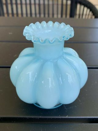 Vintage Blue Opalescent Glass Ruffled Melon Bud Vase