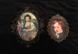 2 Vintage Photos In Ornate Brass Frames,  Convex Bubble Glass,  Made In Italy