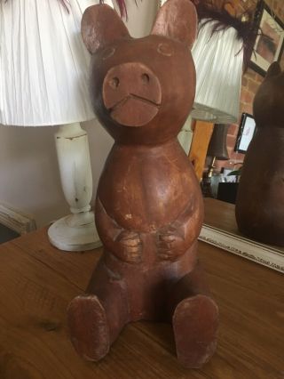 Vintage Hand Carved Wooden Sitting Pig 12 Inch Unusual & Quirky Lovely