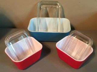 Vintage Pyrex Primary Colors Refrigerator Dishes Blue & Red With Covers 501 502