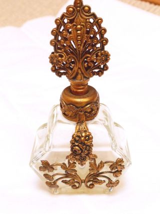 Antique / Vintage,  Art Deco Glass Perfume Bottle Gold Filigree,  5 " Tall