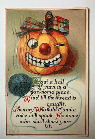 Vtg Halloween Postcard Pumpkin Jol Yarn 1919 October 31 Bangall Ny