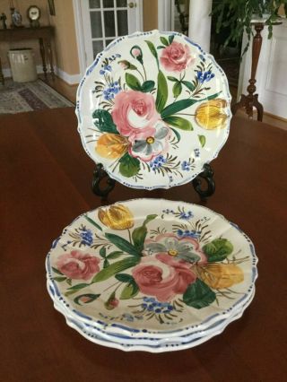 Vintage Italian Dinner Plates Hand Painted Floral Art Pottery Scalloped Set of 4 8
