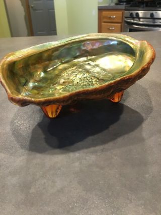 Vintage Large Natural Abalone Mother Of Pearl Seashell Dish Applied Lucite Feet