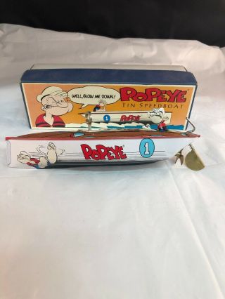 Vintage Popeye The Sailor Man Tin Wind Up Speedboat Boat Toy With Box