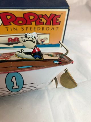 Vintage Popeye The Sailor Man Tin Wind Up Speedboat Boat Toy with Box 2