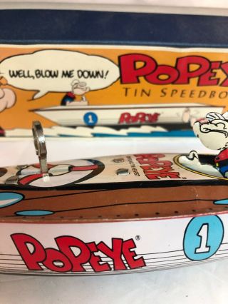 Vintage Popeye The Sailor Man Tin Wind Up Speedboat Boat Toy with Box 3