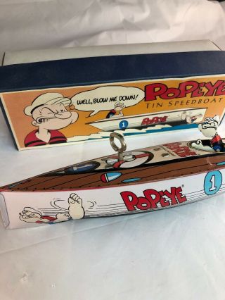 Vintage Popeye The Sailor Man Tin Wind Up Speedboat Boat Toy with Box 4