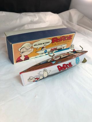 Vintage Popeye The Sailor Man Tin Wind Up Speedboat Boat Toy with Box 5