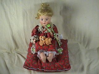 Vintage Porcelain Doll Sittin On Cushion With Her Pampered Dog Pin Cushion ?