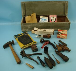 Vtg Cobblers Shoe Repair Wooden Tool Box Kit Leather Soles Awls Tack Riveters,