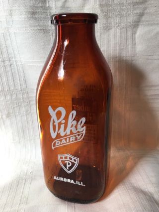 Vintage Amber Quart Milk Bottle Pike Dairy Aurora Illinois 1951