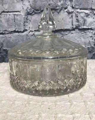 Vintage Indiana Iridescent Clear Glass Candy Dish Diamond Cut Pattern With Lid