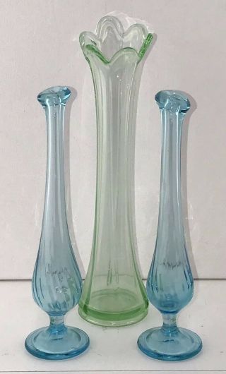 3 Vintage Swung Uranium Glass Vases 1 Panel Green 2 Swirl Azure Blue Depression